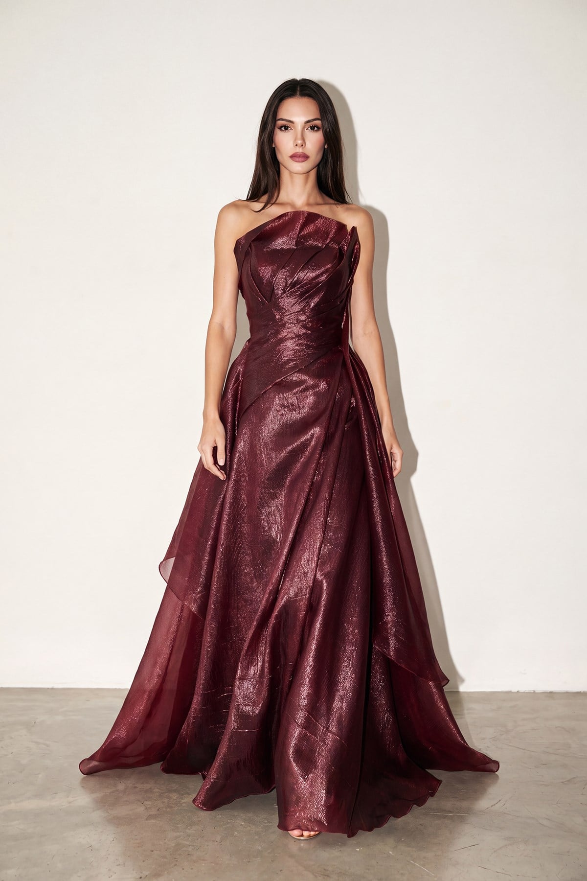 Bordo Straplez Drape Detaylı Abiye Elbise