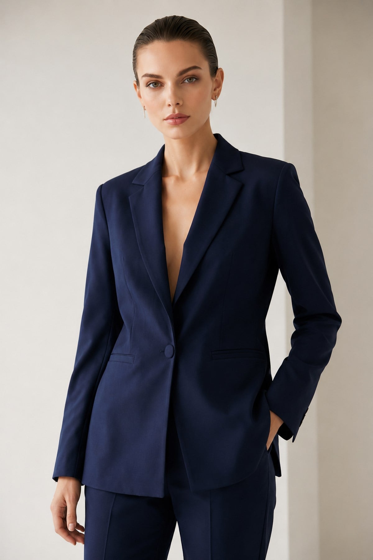 Lacivert Tek Düğmeli Uzun Kollu Blazer Ceket