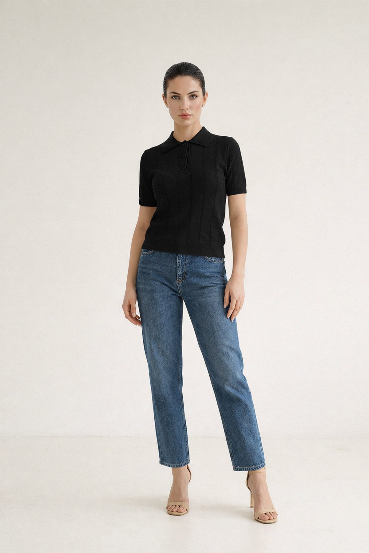 Siyah Amia&Co. Polo Yaka Kısa Kollu Triko
