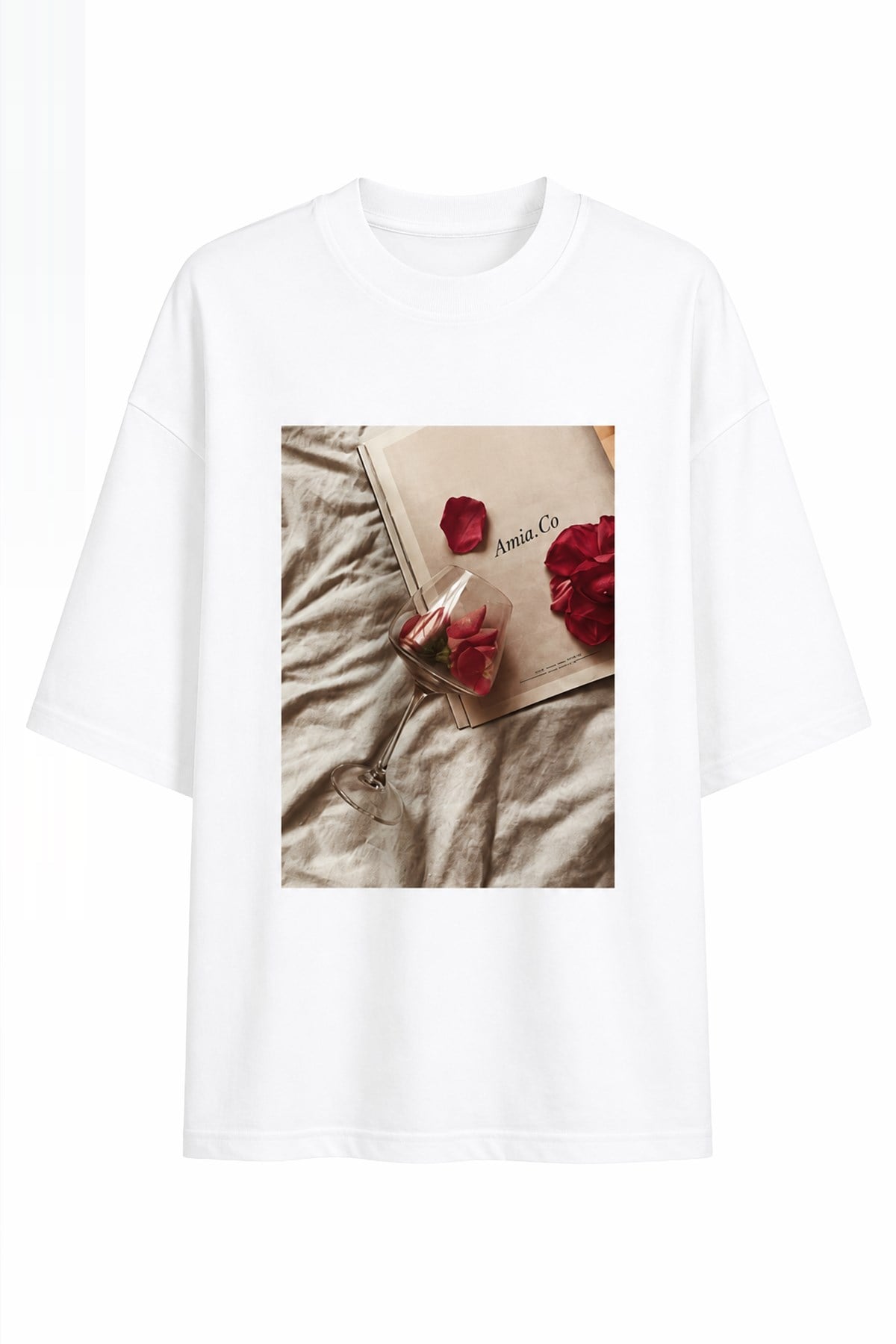 Ekru Amia&Co. Oversize Baskılı Bisiklet Yaka Basic Kısa Kollu Kadın T-Shirt