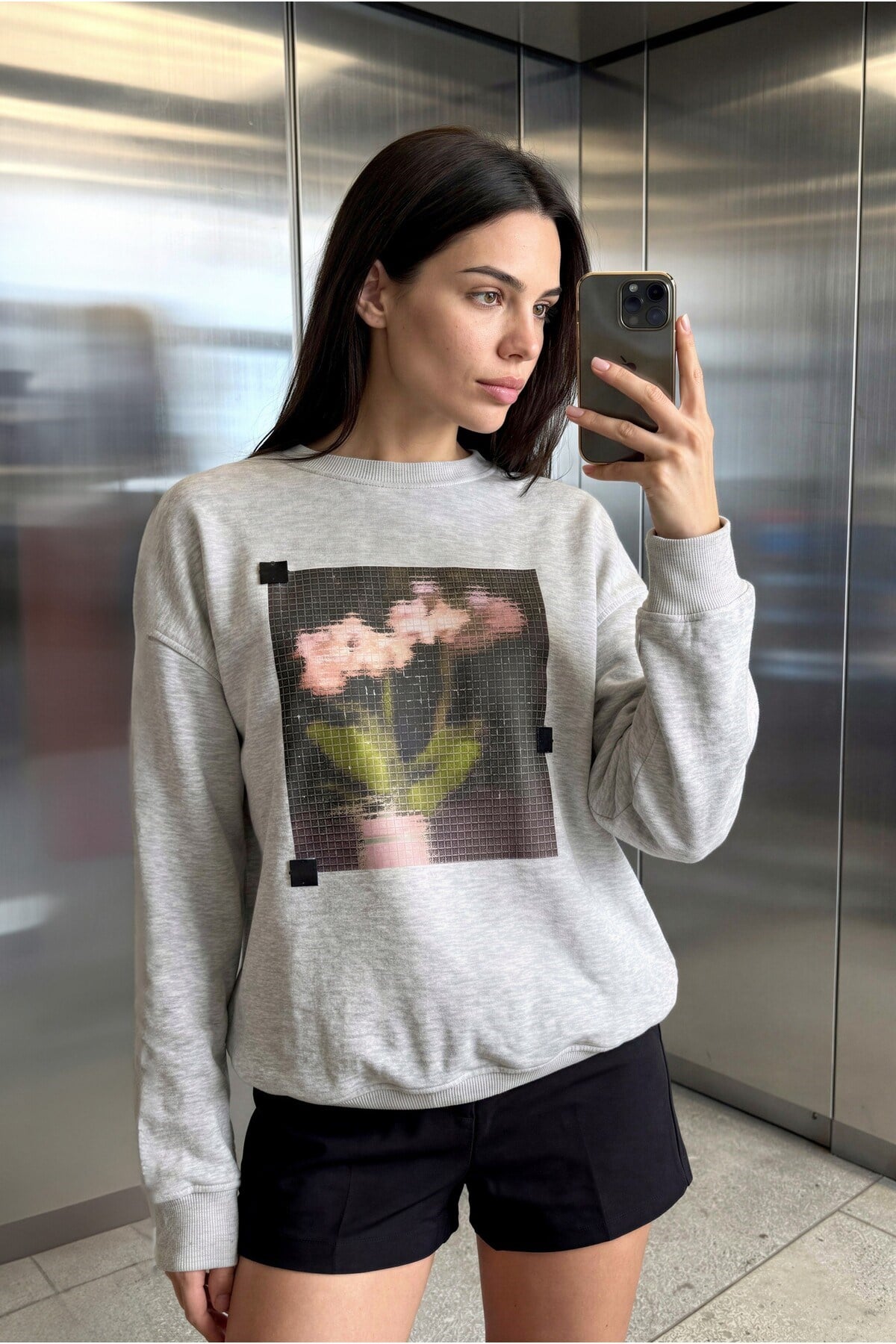 Gri Amia&Co. Gri Oversize Baskılı Kadın Sweatshirt