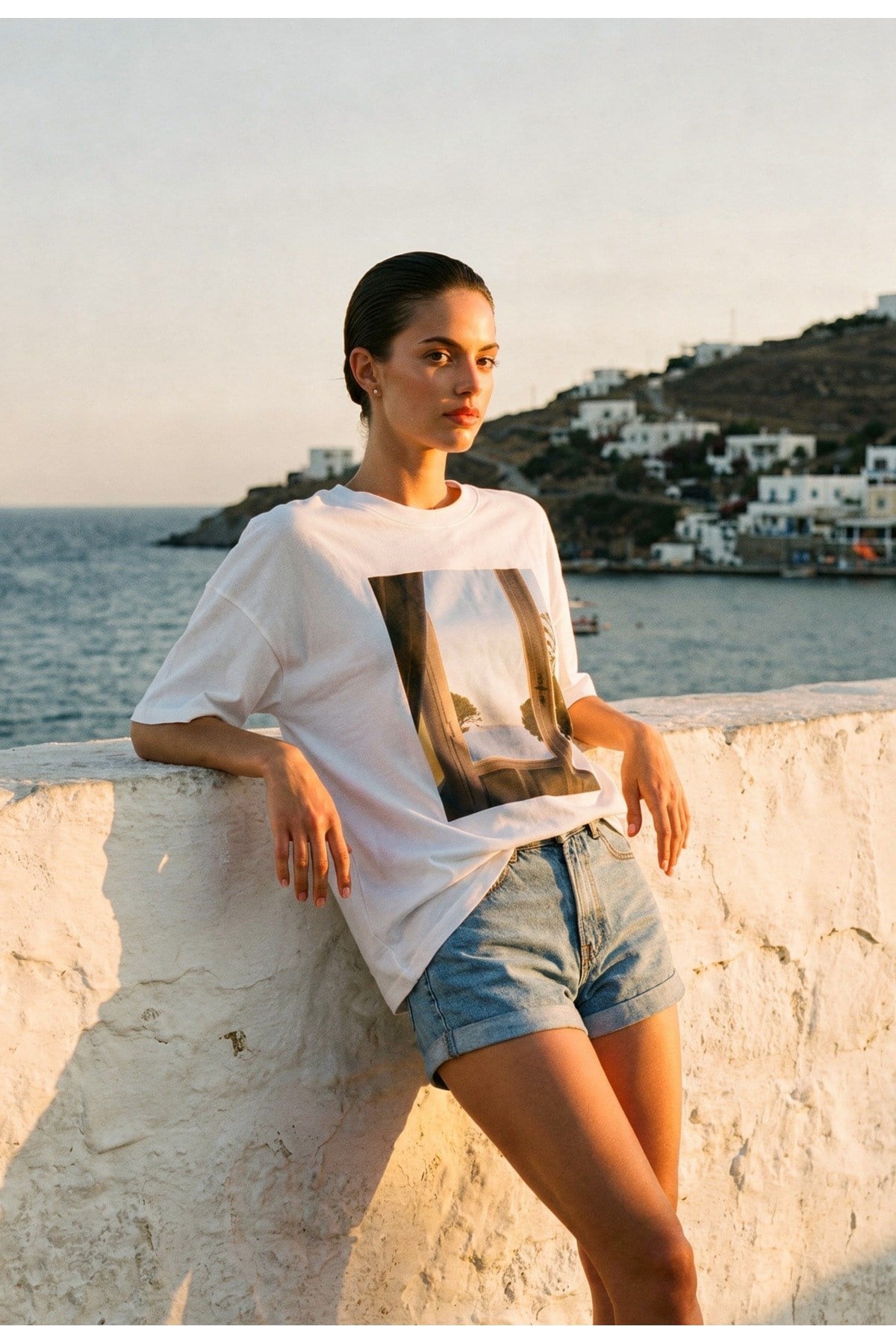 Ekru Amia&Co.Oversize Baskılı T-Shirt