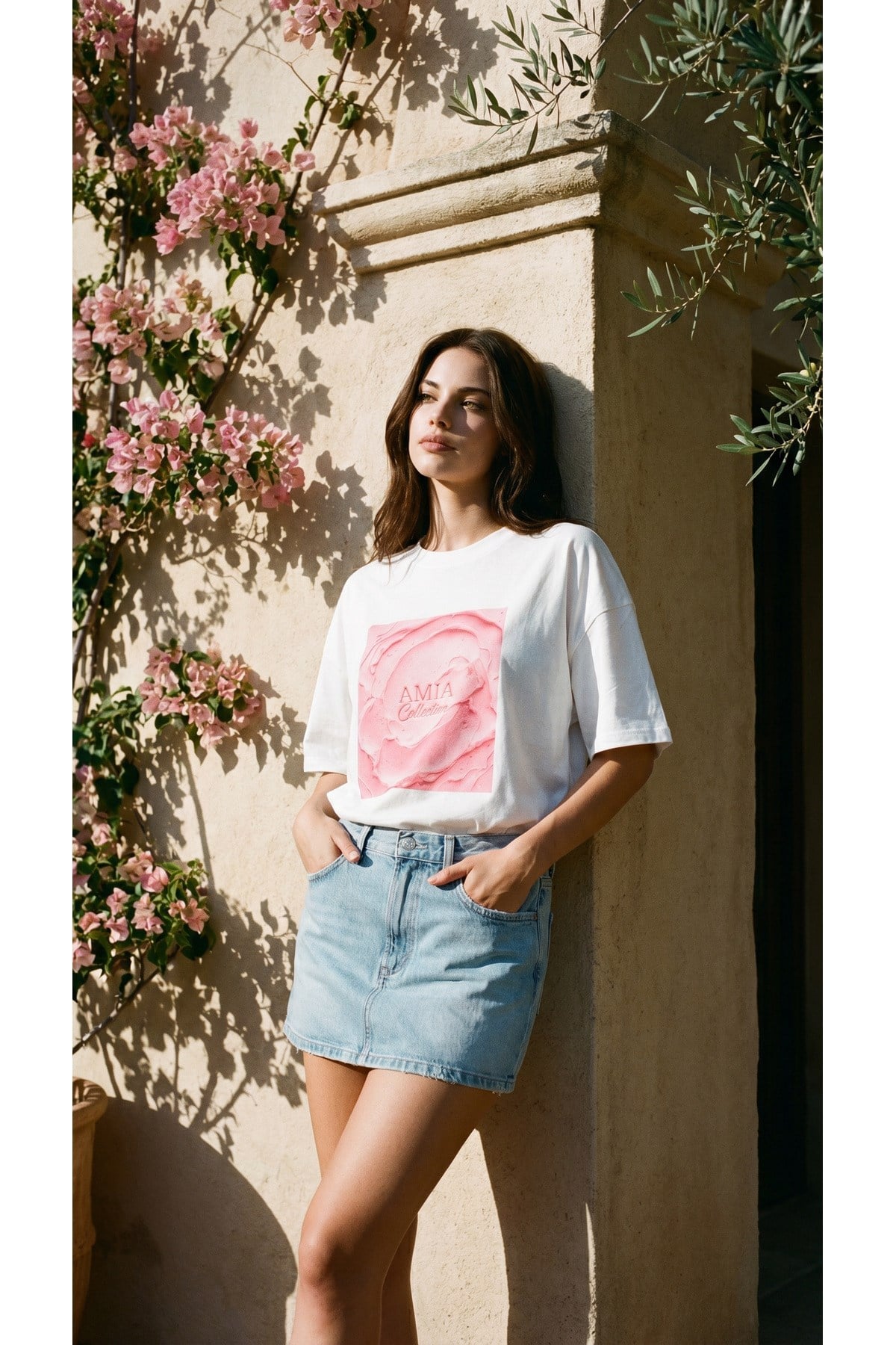 Ekru Amia&Co Marka Oversize Pembe Yazı Baskılı Bisiklet Yaka Basic Kısa Kollu Kadın T-Shirt