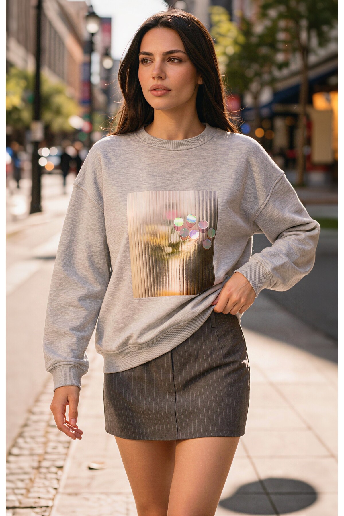 Gri Amia&Co. Oversize Baskılı Kadın Sweatshirt