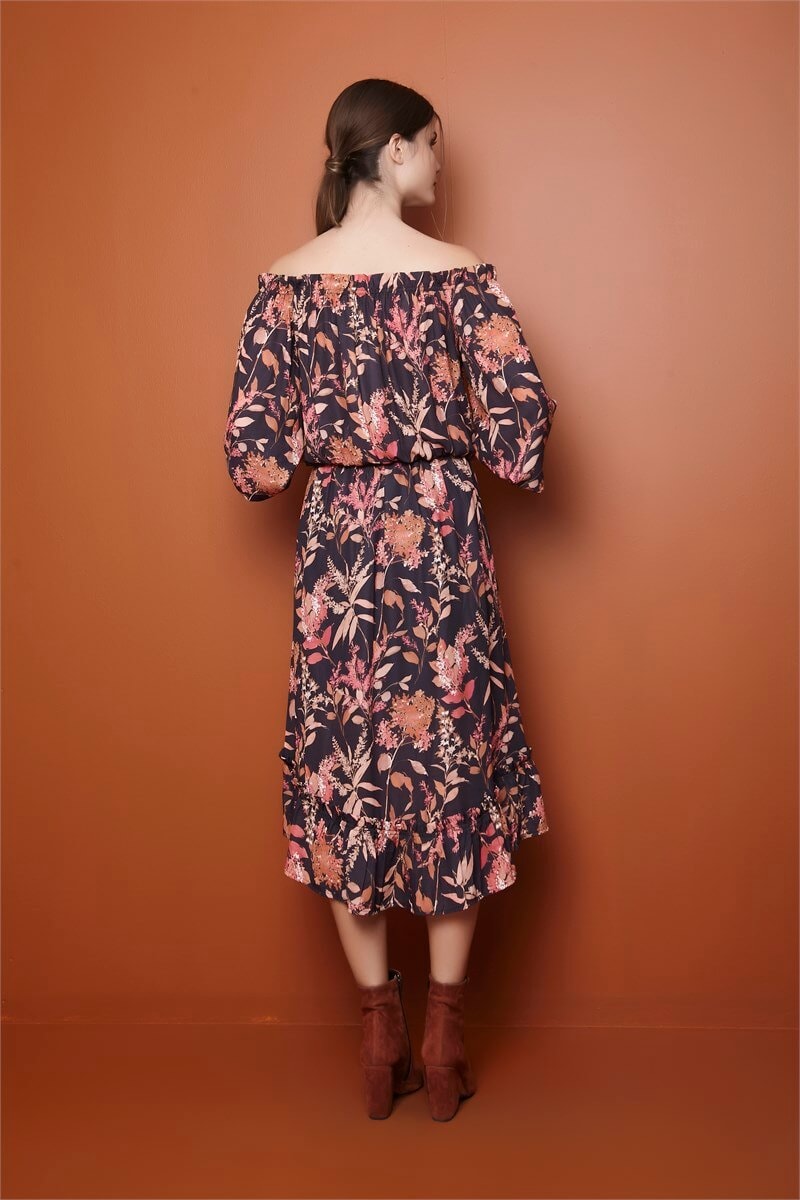 Floral Desenli Straplez Midi Elbise