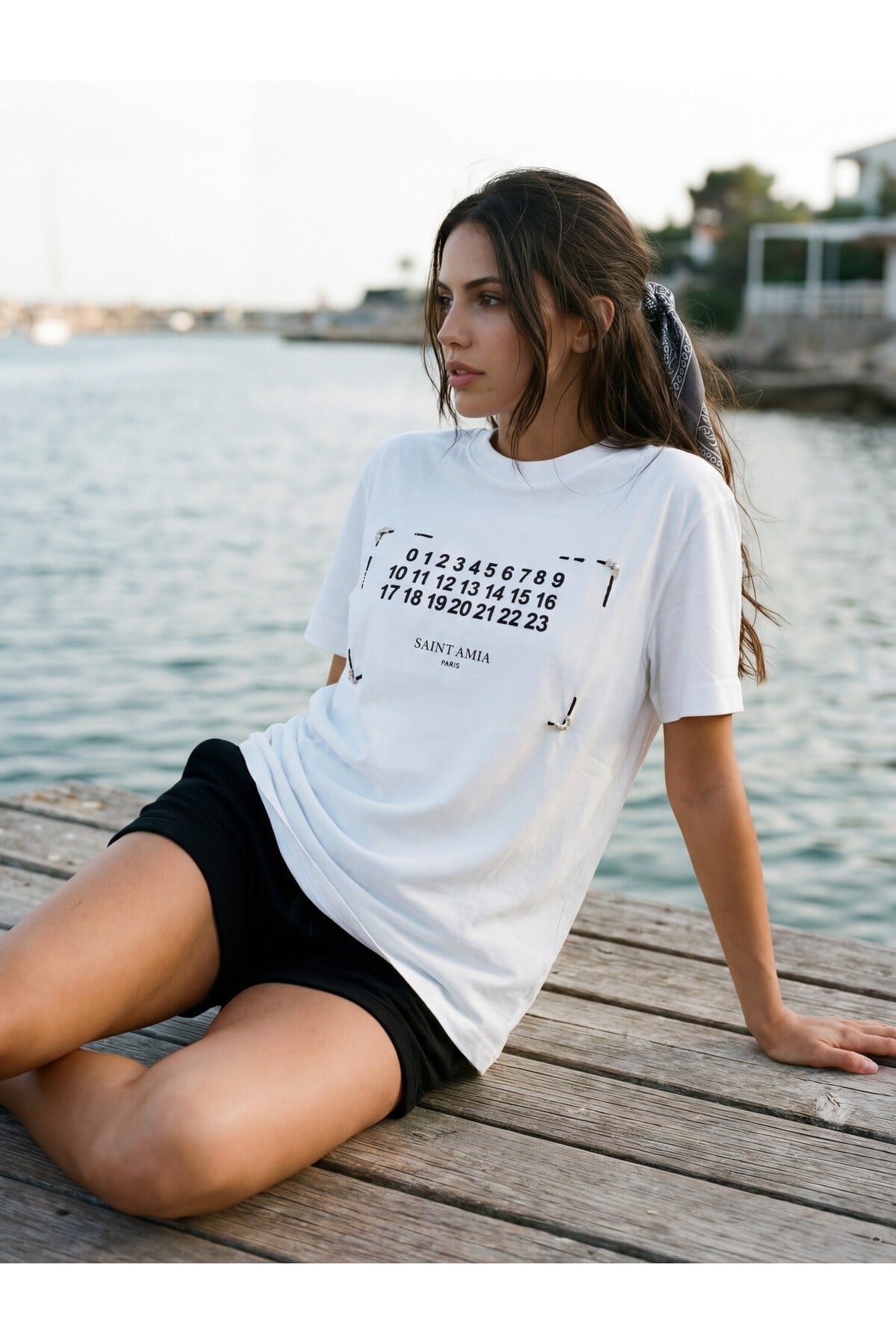 Ekru Bisiklet Yaka Sayı Baskılı Oversize Kadın T-Shirt