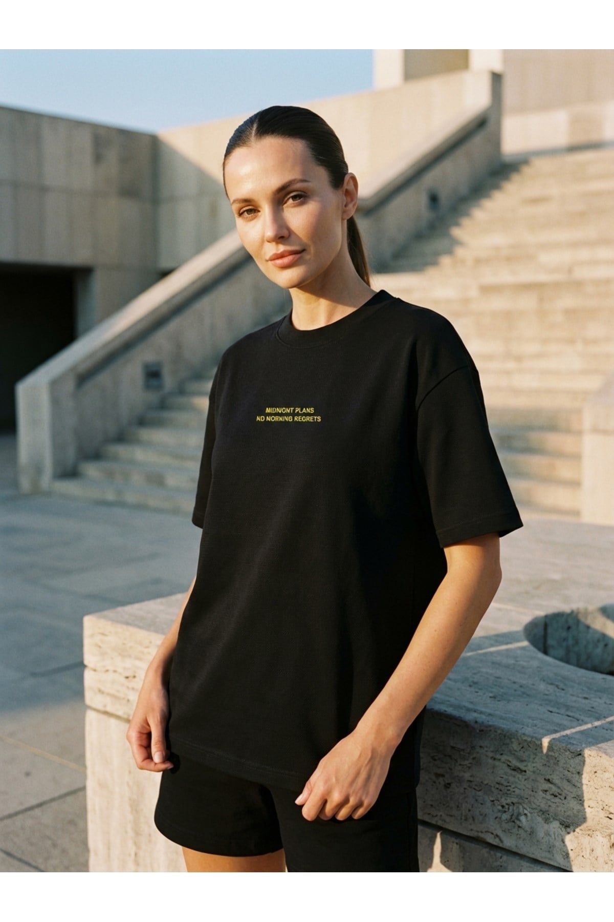 Siyah %100 Pamuk Baskılı Kısa Kollu Bisiklet Yaka T-Shirt