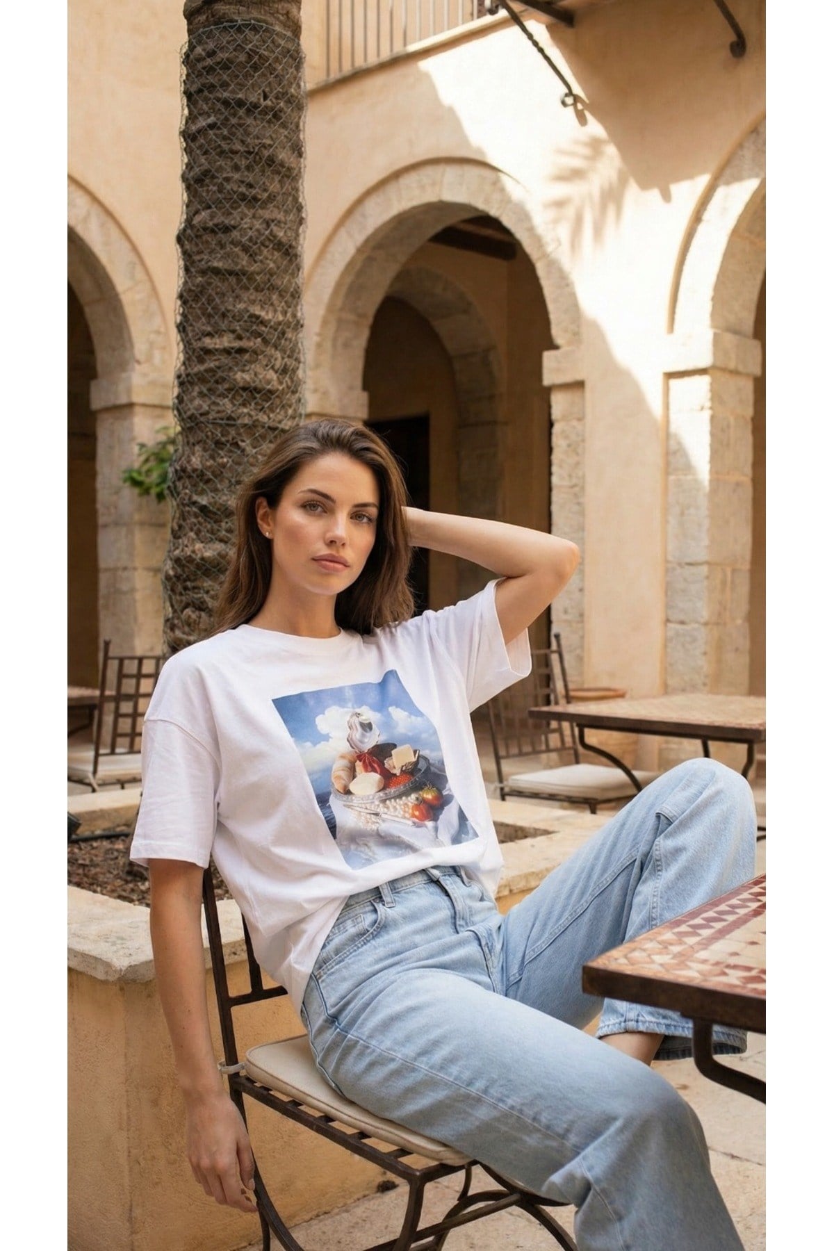Ekru %100 Pamuk Amia&Co. Oversize Bisiklet Yaka Fotoğraf Baskılı Vintage Basic Kısa Kollu Kadın T-Shirt