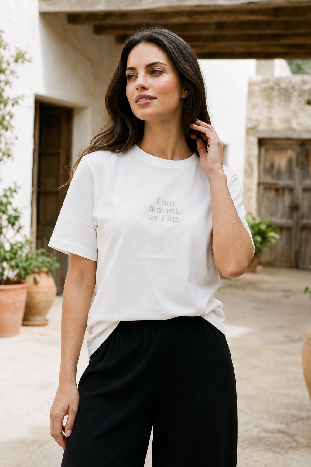 Ekru %100 Pamuk Amia&Co. Basic Bisiklet Yaka Baskılı Kısa Kollu Kadın T-Shirt