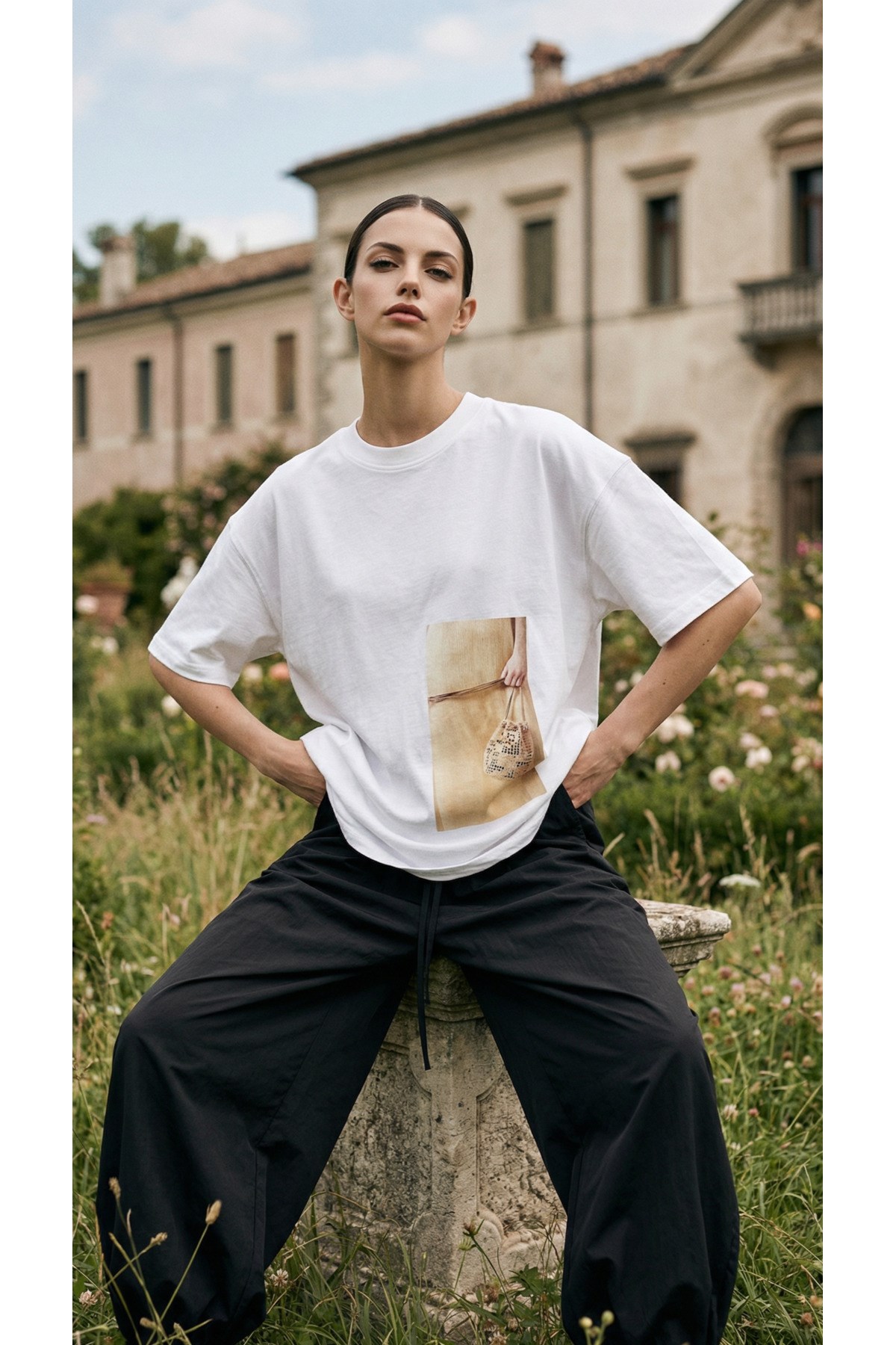 Ekru %100 Pamuk Amia&Co. Oversize Bisiklet Yaka Minimal Çanta Detaylı Baskılı Basic Kısa Kollu Kadın T-Shirt