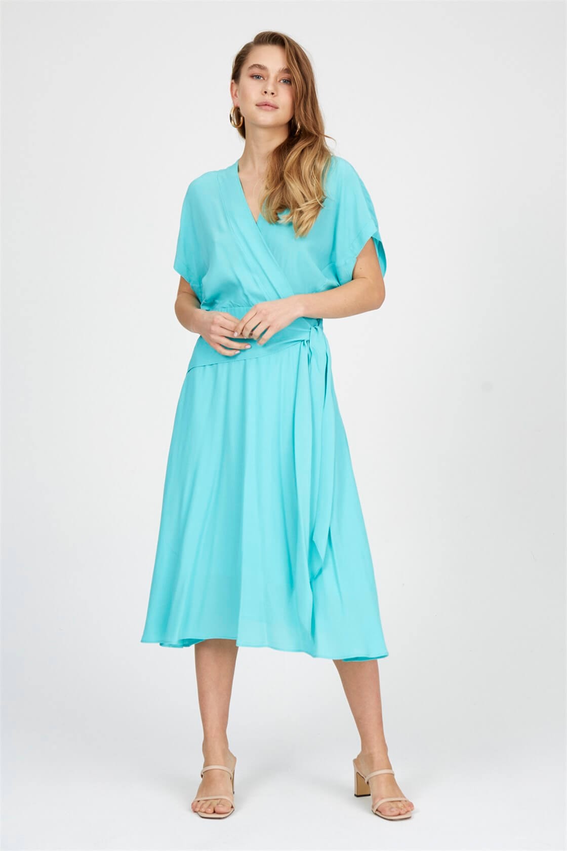 Light Mint Crew Neck Short Sleeve Waist Pleated Pleated Dress