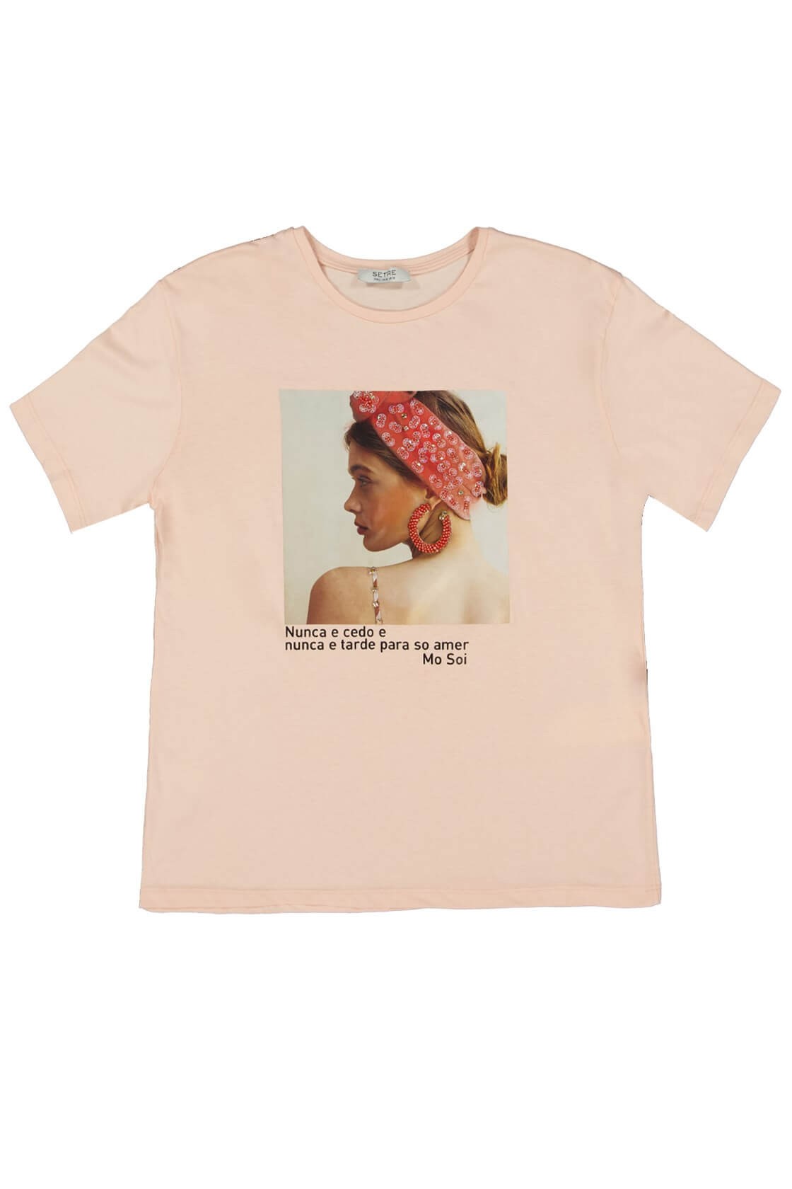 Açık Somon Bisiklet Yaka Baskılı Kısa Kol Pamuk T-ShirtST050S7112201