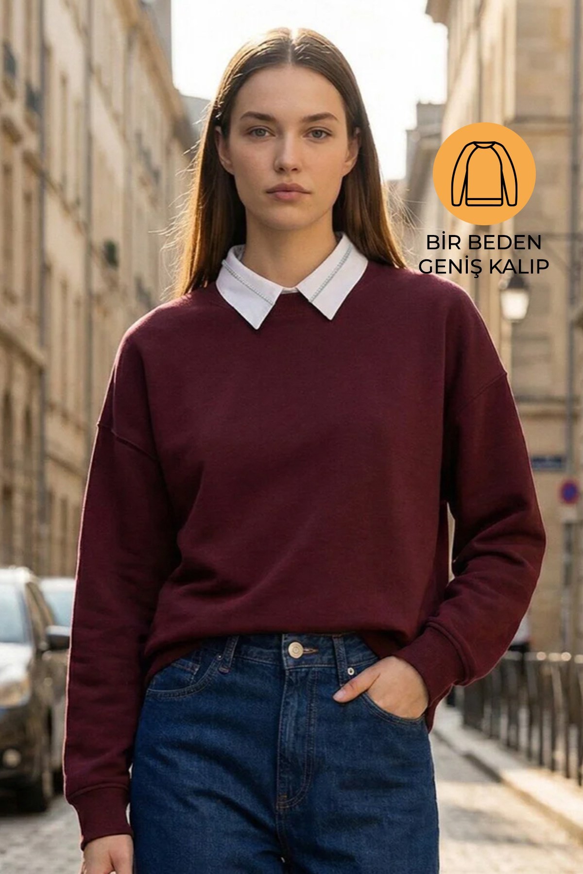 Bordo Amia&Co Marka Çıkarılabilir Gömlek Yaka Şardonlu Baskılı Oversize Sweatshirt