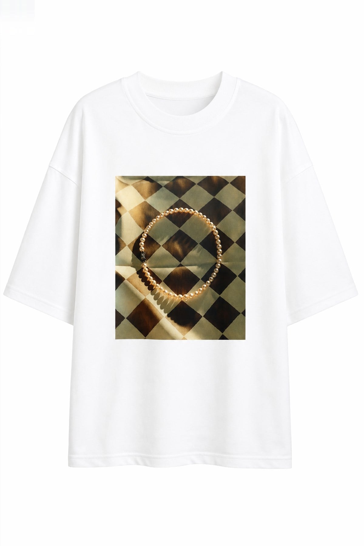 Ekru Amia&Co. Vintage Gold Detaylı Bisiklet Yaka Baskılı Oversize Kadın T-Shirt