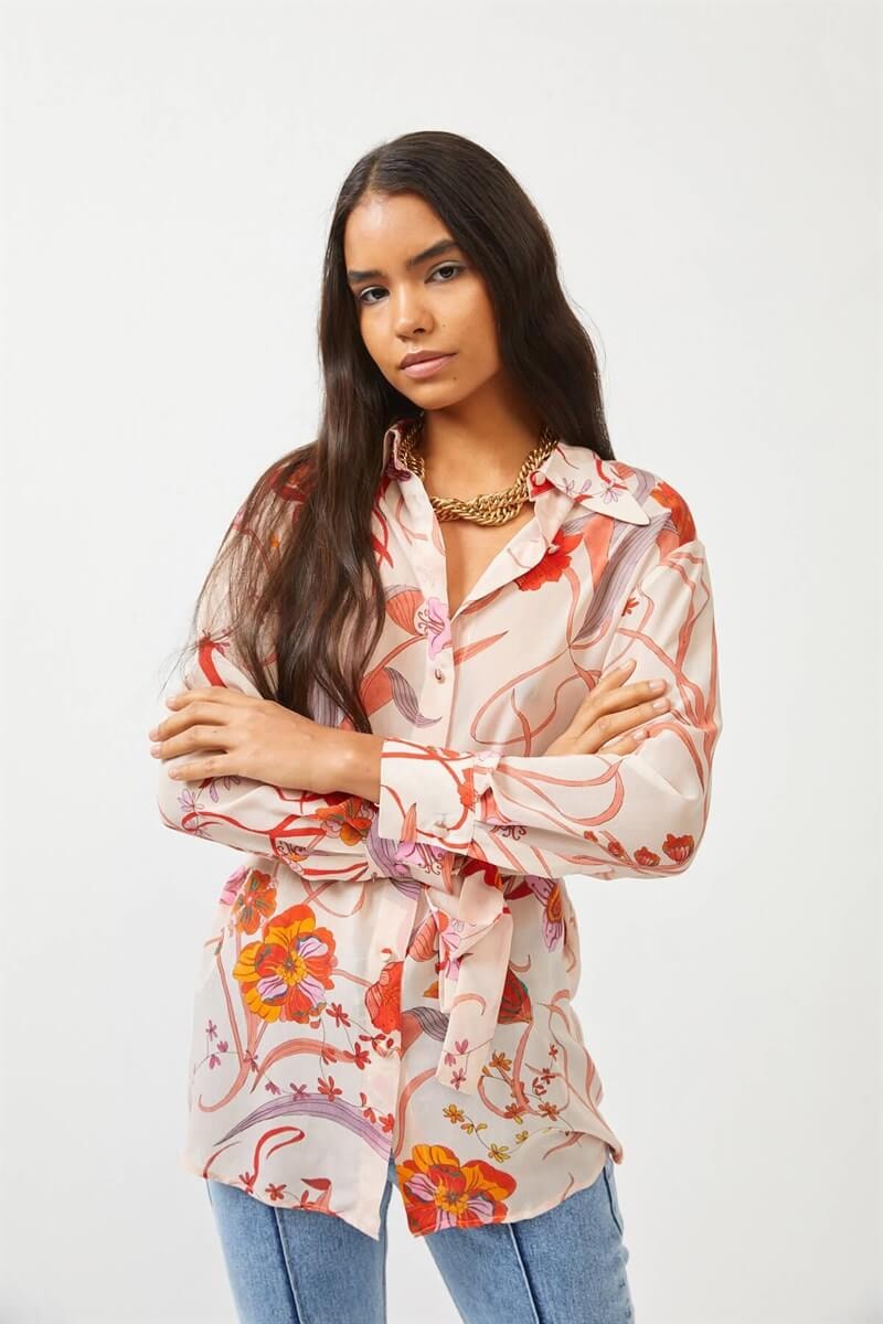 Bej Floral Desen Kuşaklı TunikST060S65130001