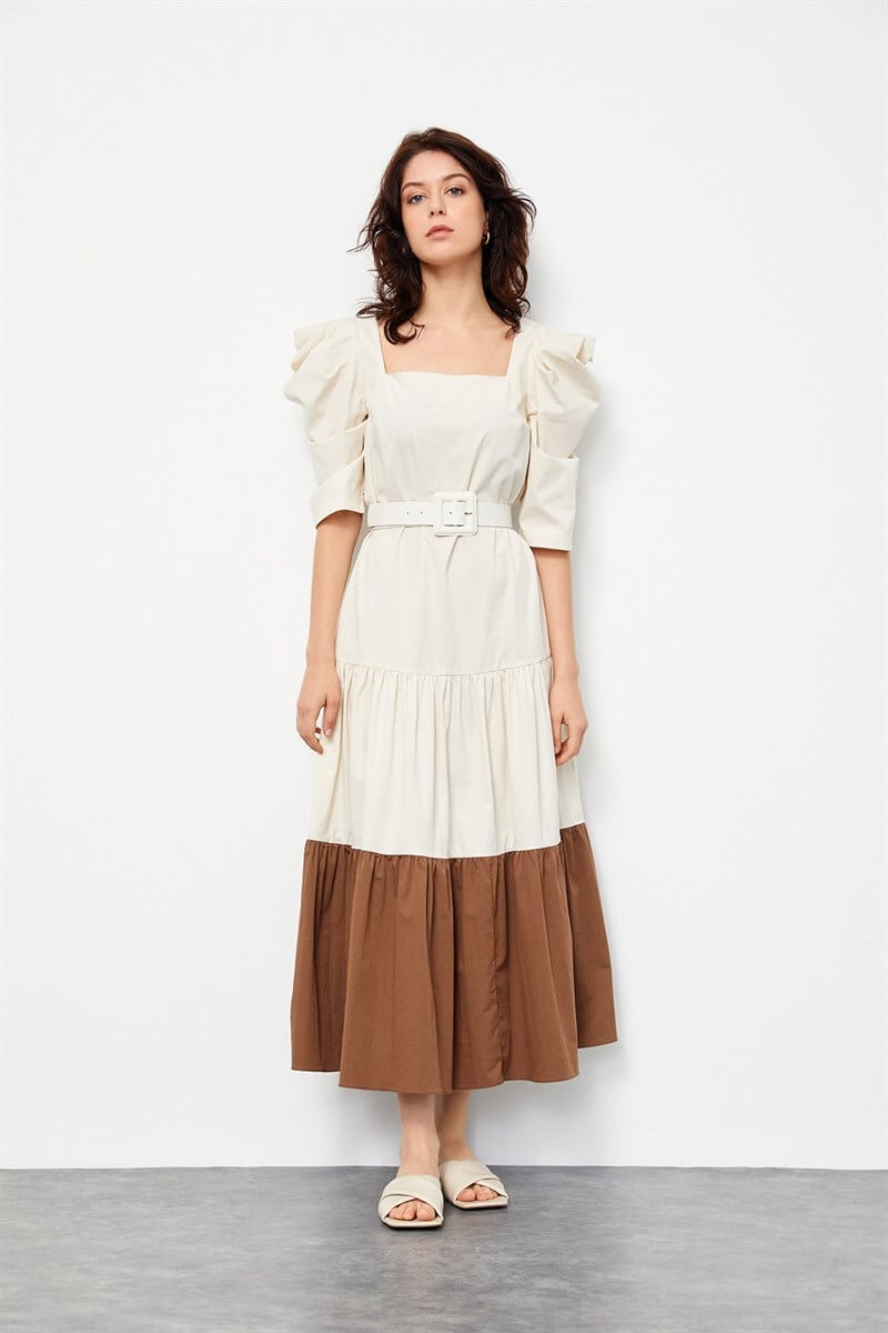 Bej-Kahve Color Block Kemerli Midi Elbise