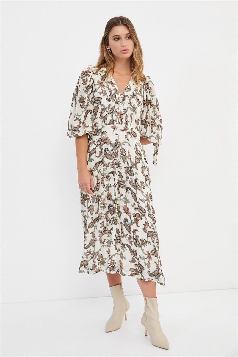 Bej Kemerli Desenli Midi ElbiseST060S40967003