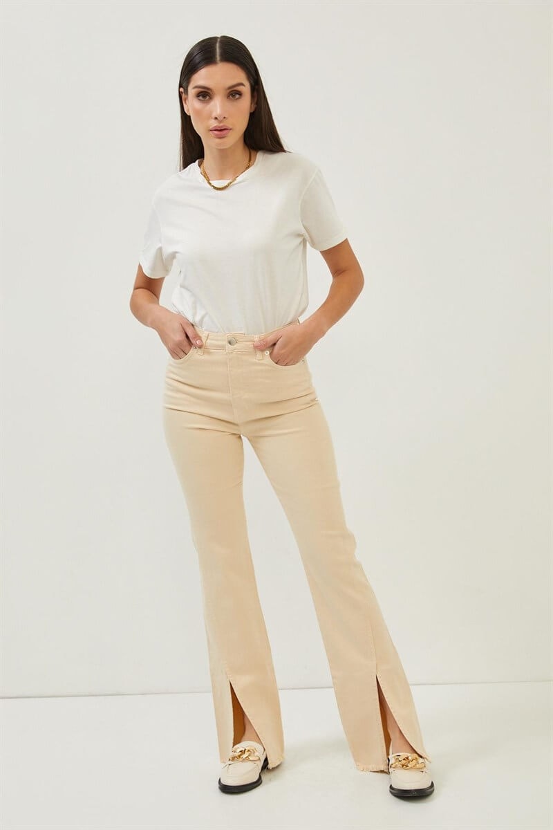 Bej Paçaları Yırtmaç Detaylı Yüksek Bel Wide Leg JeanST070S31744002