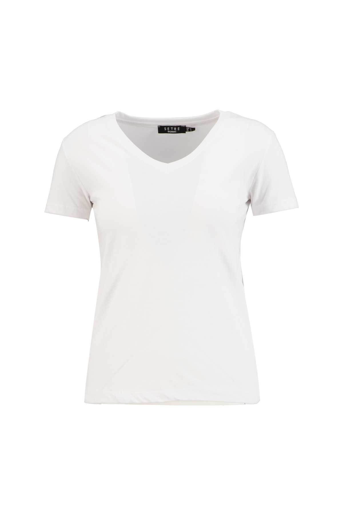 Beyaz  V Yaka Kısa Kol Yanları Yırtmaçlı Pamuk T-ShirtST040S710691