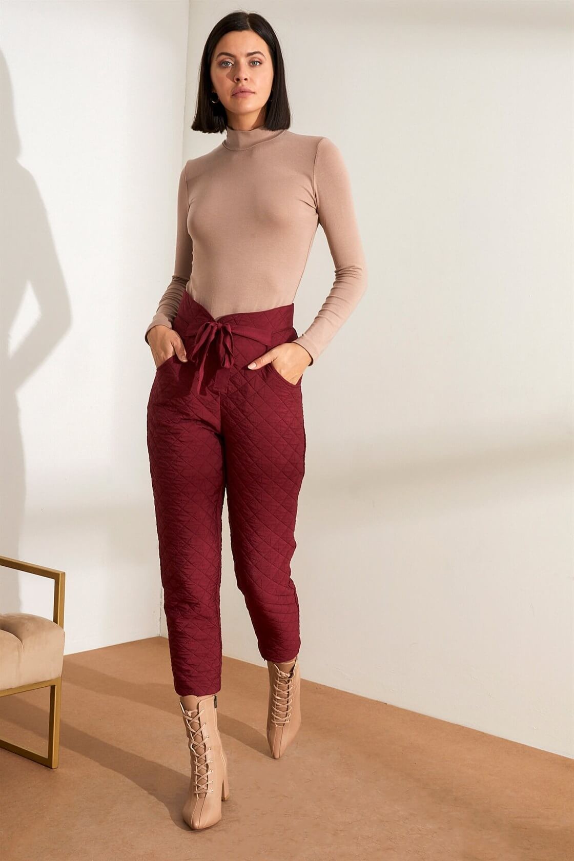 Bordo Yüksek Bel Cepli Kuşaklı PantolonST050W2031201