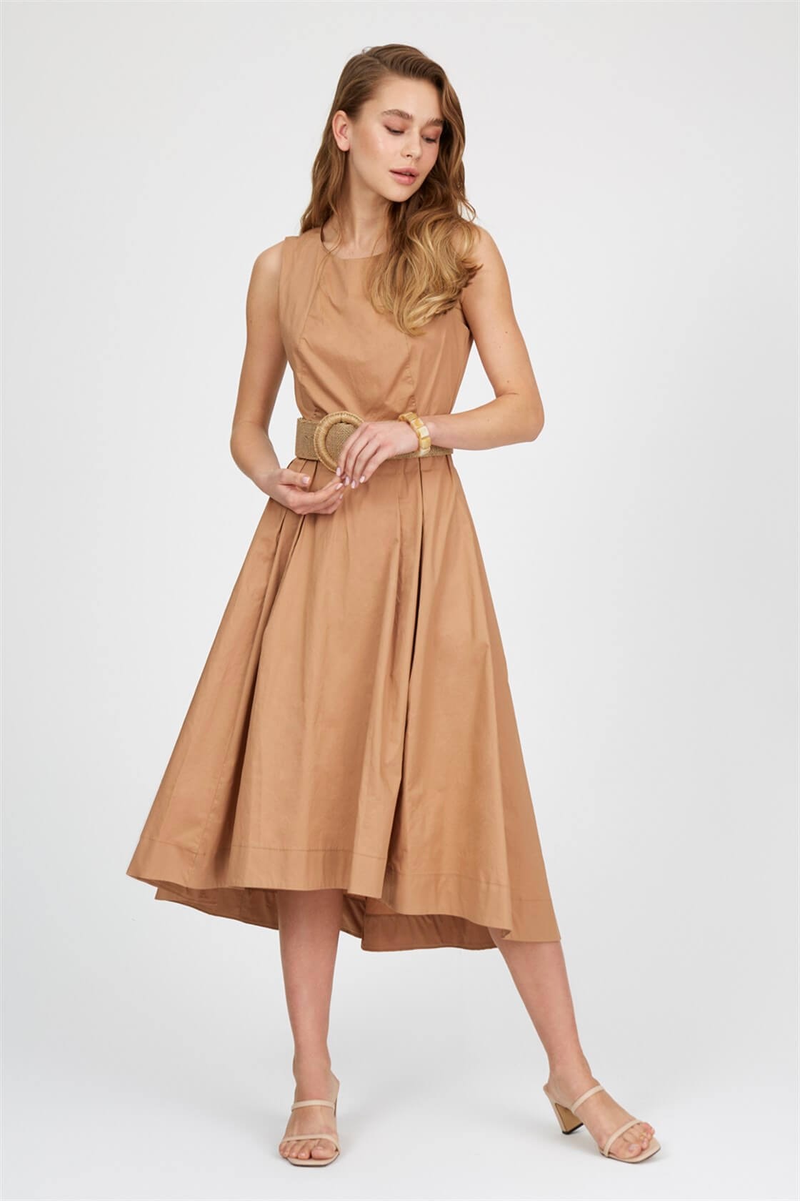 Camel Shoulder Color Block Balloon Sleeve Waist Pleated Cotton Blouse