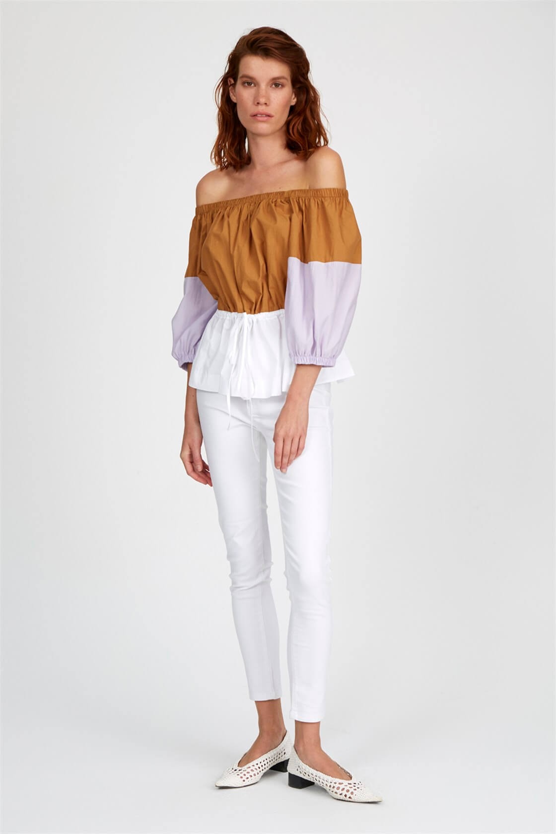 Camel-Lila Düşük Omuz Balon Kol Color Block Beli Büzgülü Pamuk BluzST050S3030101