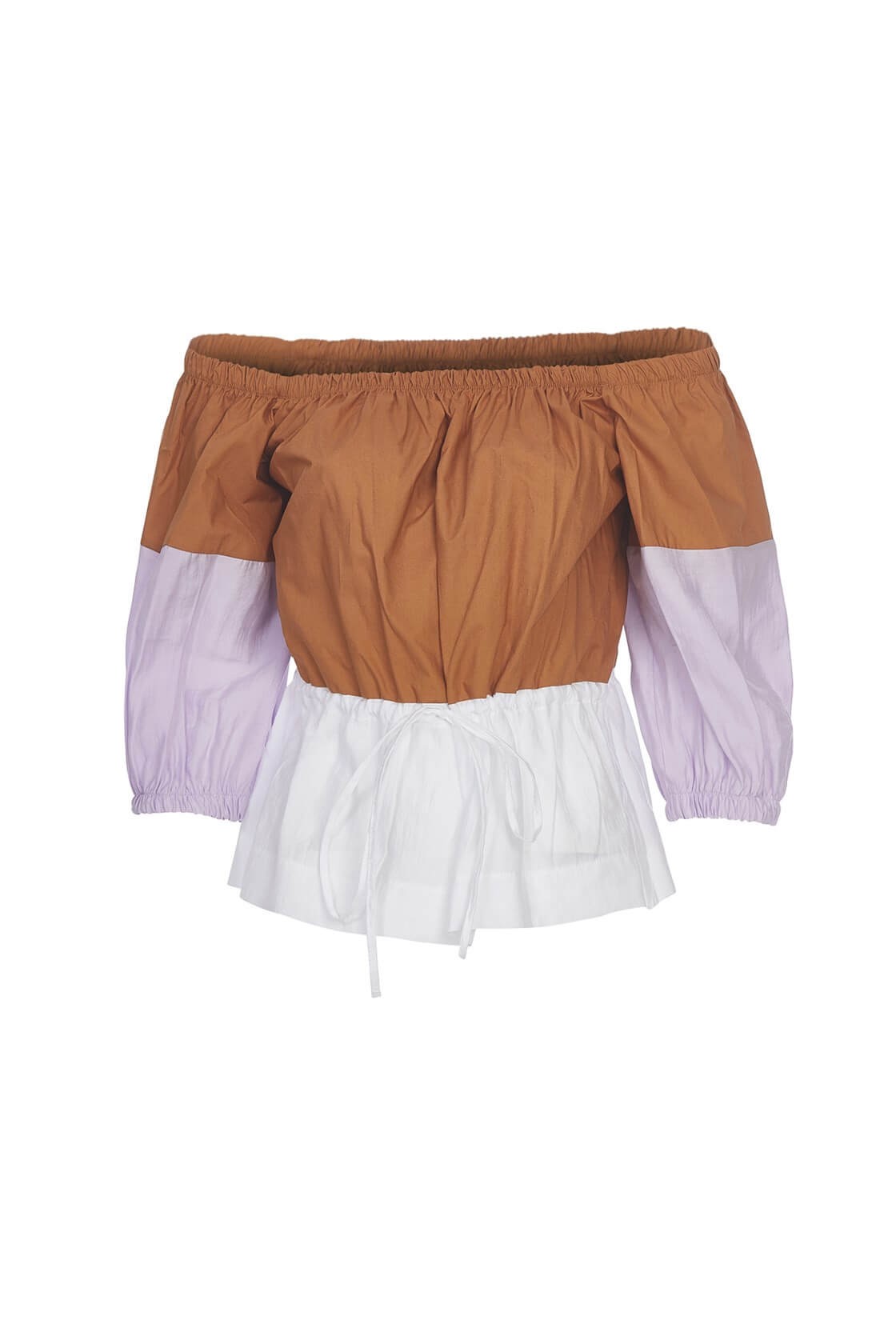 Camel-Mint Omuz Balon Kol Color Block Beli Büzgülü Pamuk BluzST050S3030101