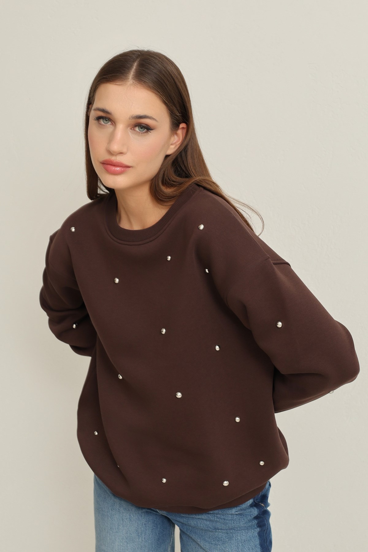 Kahve Bisiklet Yaka Taş Detaylı Uzun Kollu Sweatshirt