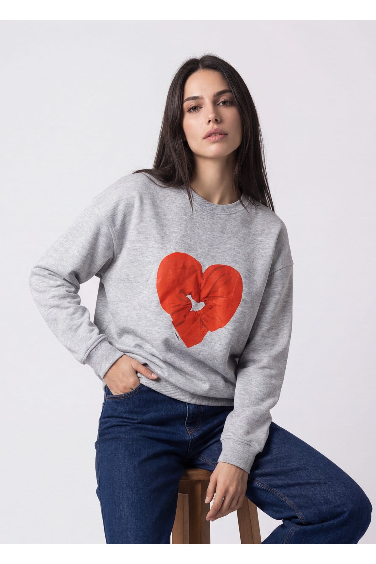 Gri Amia&Co Marka Oversize Kalp Baskılı Kadın Sweatshirt