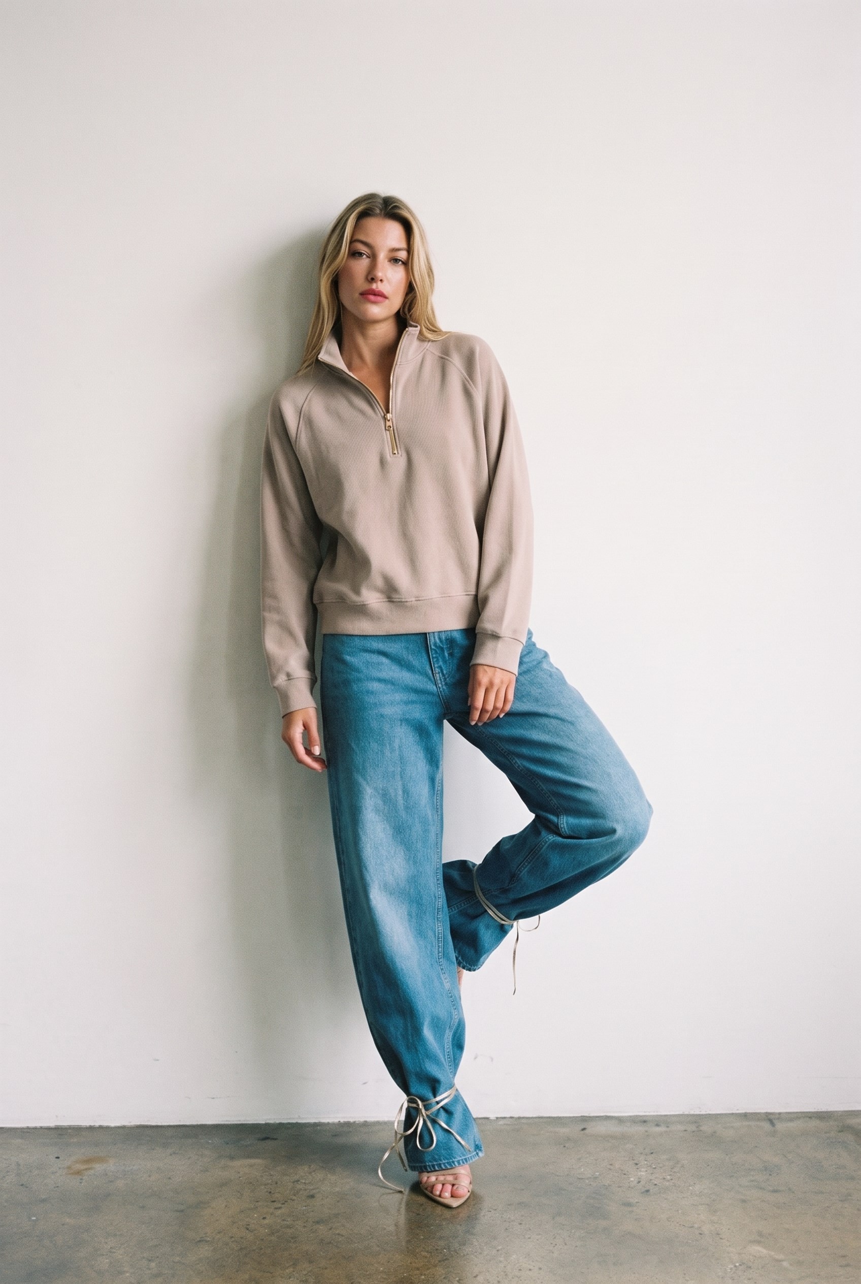 Koyu Bej Amia&Co Fermuar Detaylı Sweatshirt Ve Düz Kesim Eşofman Takımı