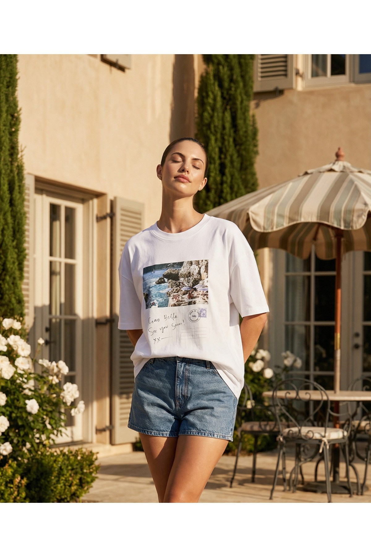 Ekru Amia&Co. Oversize Baskılı T-Shirt
