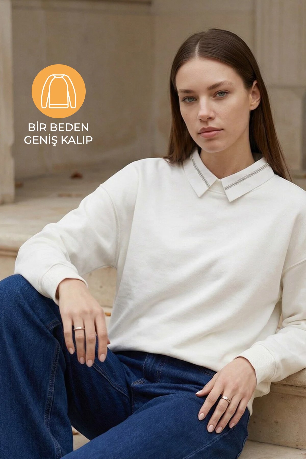 Ekru Amia&Co Marka Çıkarılabilir Gömlek Yaka Şardonlu Baskılı Oversize Sweatshirt