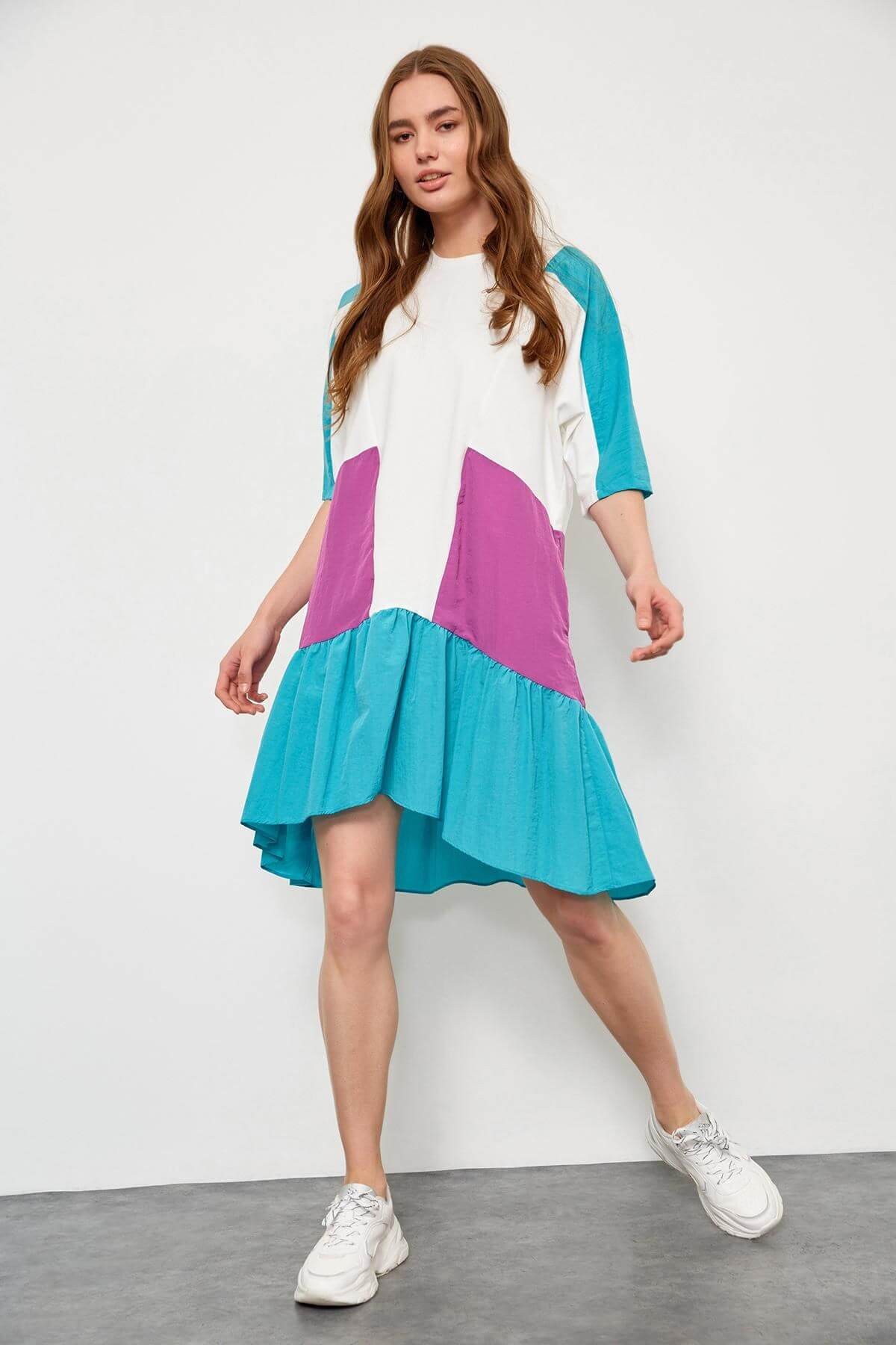 Ekru-Atlantis Bisiklet Yaka Color Block ElbiseST060S40100402