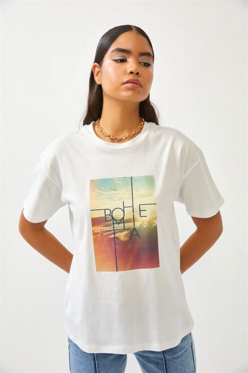 Ekru Baskılı Bisiklet Yaka T-ShirtST060S71271001