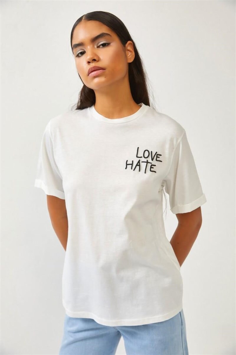 Ekru Baskılı Bisiklet Yaka T-ShirtST060S71276002