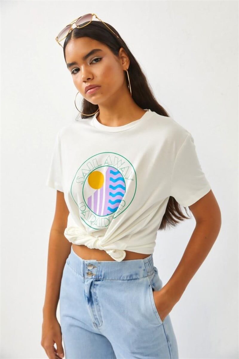 Ekru Baskılı Crop T-ShirtST060S71255001