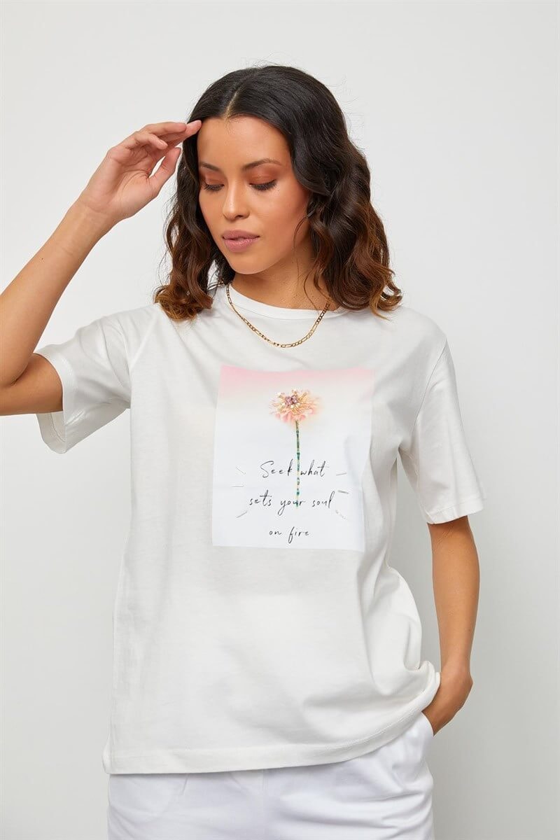 Ekru Baskılı Kısa Kol T-ShirtST060S71190007