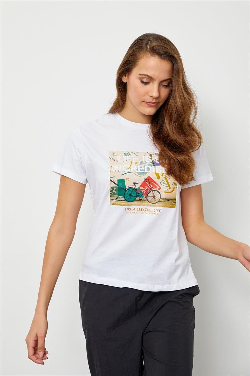 Ekru Baskılı Kısa Kol T-ShirtST060S71190009