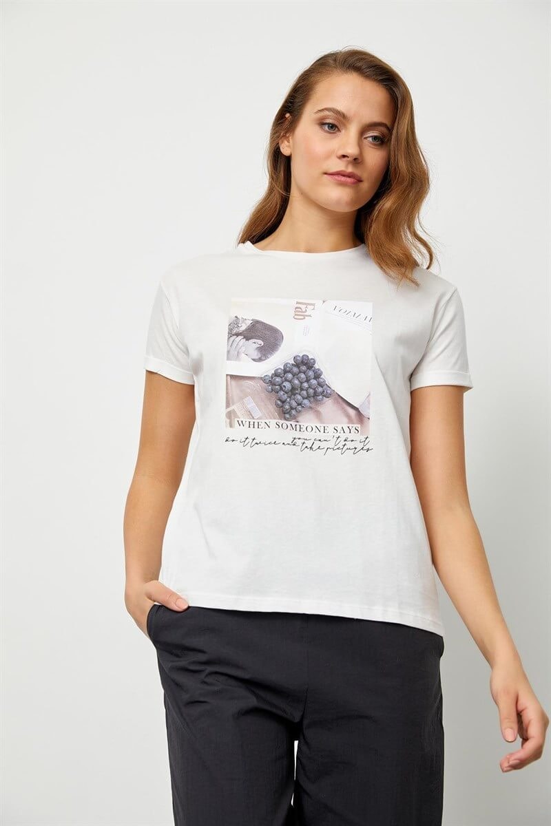Ekru Baskılı Kısa Kol T-ShirtST060S71190006