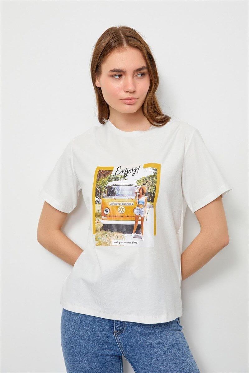 Ekru Baskılı Kısa Kol T-Shirt
