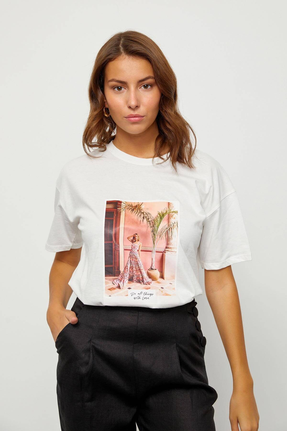 Ekru Baskılı Kısa Kol T-ShirtST060S71183005