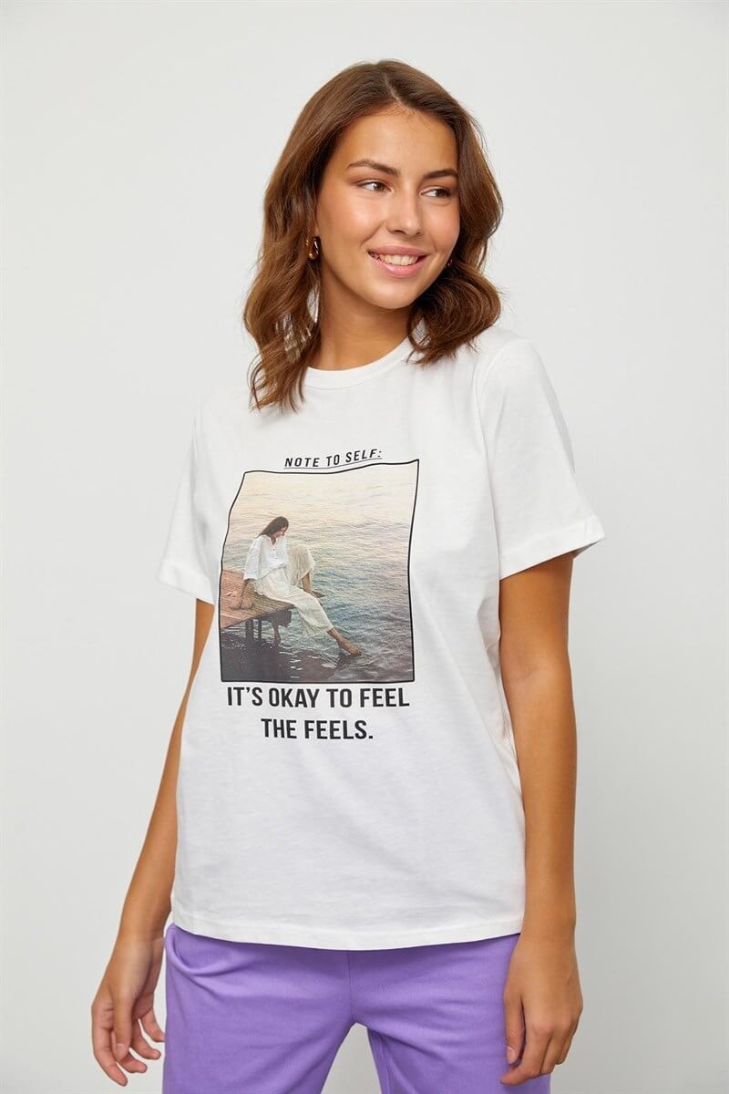 Ekru Baskılı Kısa Kol T-Shirt