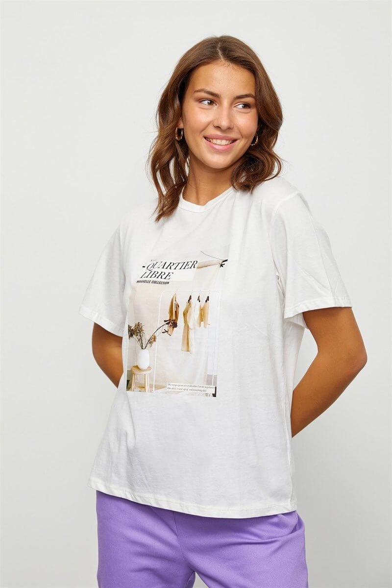 Ekru Baskılı Kısa Kol T-Shirt