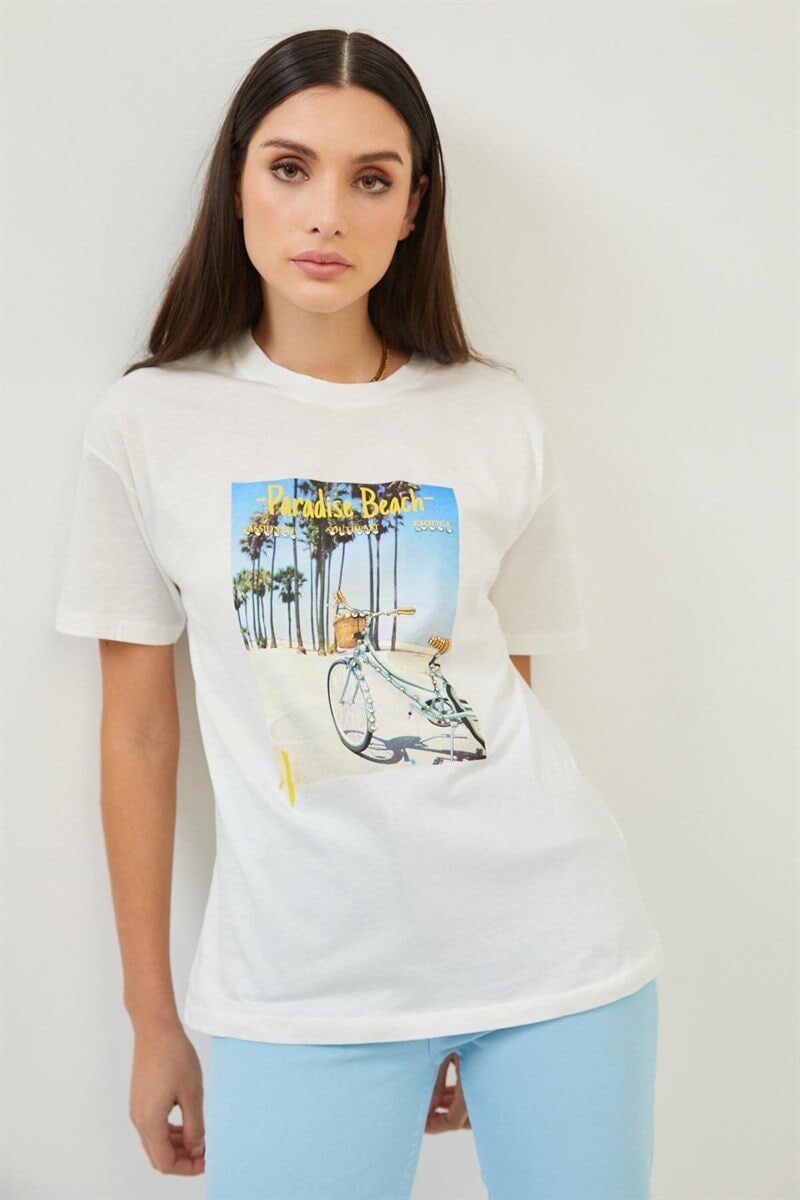 Ekru Dijital Baskı Detaylı Bisiklet Yaka T-ShirtST070S71287001