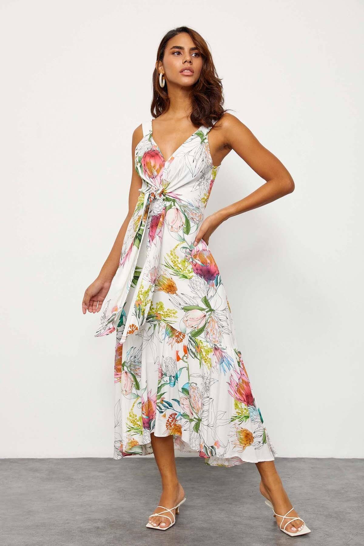 Ekru Floral Desen V Yaka ElbiseST060S40114801