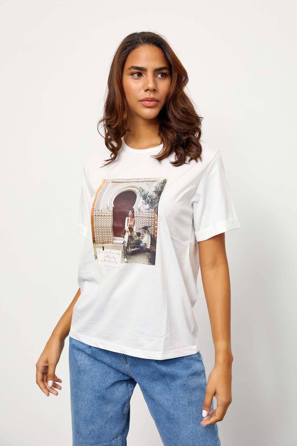 Ekru Kısa Kol Baskılı T-ShirtST060S71243001