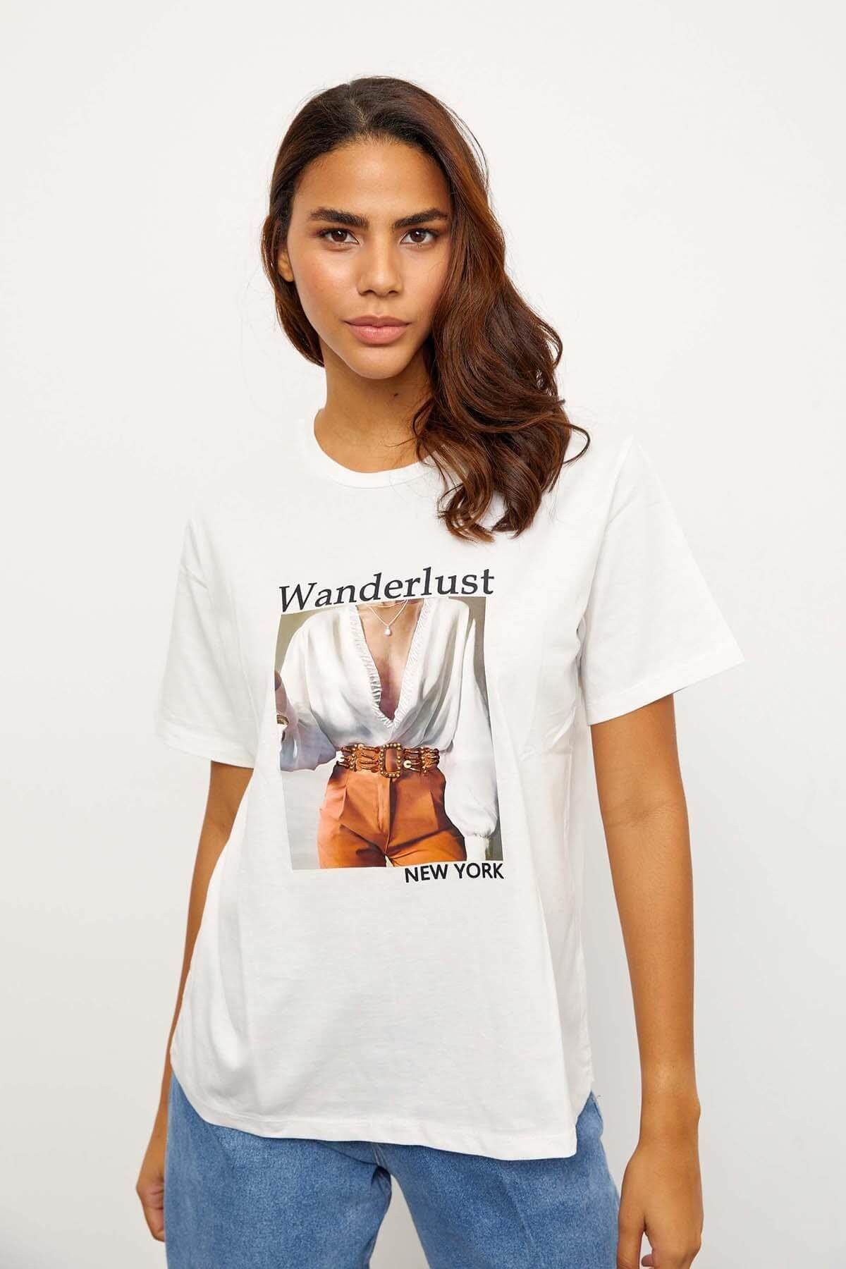 Ekru Kısa Kol Baskılı T-ShirtST060S71243003