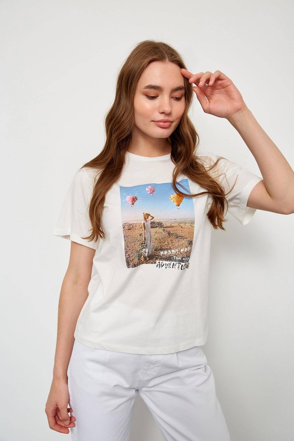 Ekru Kısa Kol Baskılı T-ShirtST060S71228004