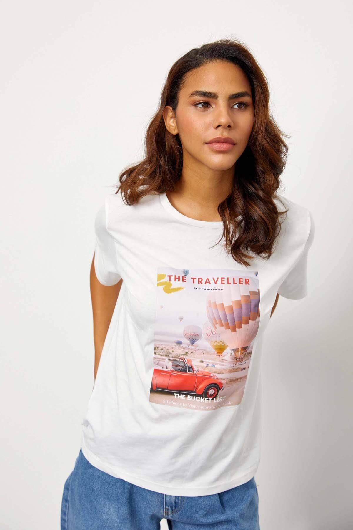 Ekru Kısa Kol Baskılı T-ShirtST060S71243007