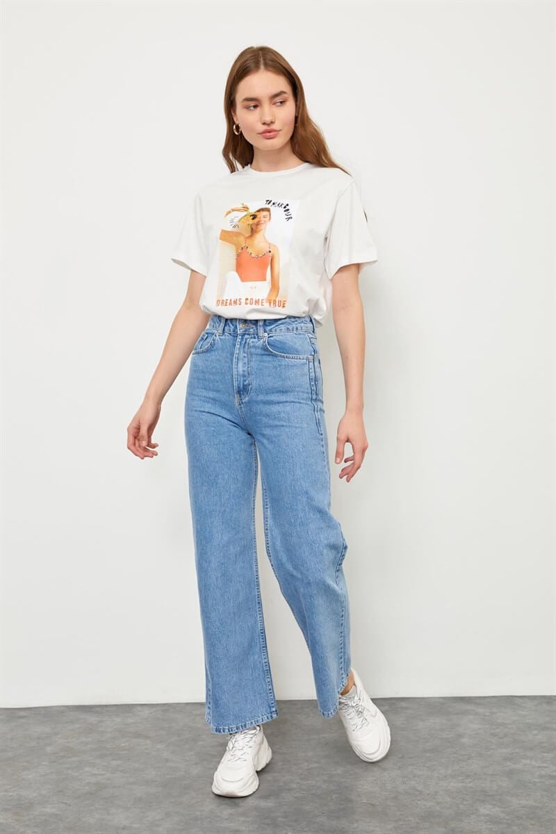 Ekru Kısa Kol Baskılı T-Shirt